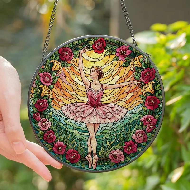 Ballet Lovers' Elegant Stained Glass Ballerina Pink Floral Wreath Jewel Tones Art Stained Glass Suncatcher - 1