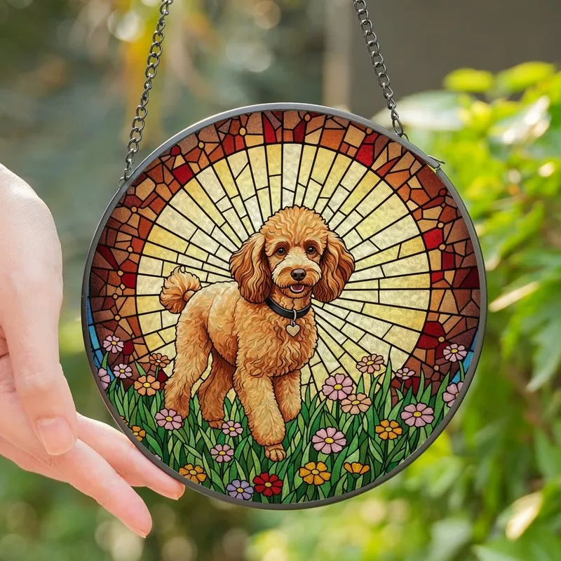 Poodle Parents' Stained Glass Apricot Poodle Wildflower Meadow Tiffany Style Jewel Tones Sunburst Mosaic Stained Glass Suncatcher - 1