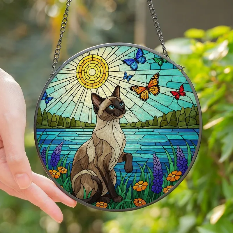 Cat Lovers' Radiant Tiffany Stained Glass Siamese Cat Butterflies Wildflowers Lake Design Stained Glass Suncatcher - 1