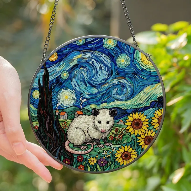 Nature Art Lovers' Tiffany Stained Glass Opossum Sunflower Starry Night Jewel Tone Mosaic Pattern Stained Glass Suncatcher - 1
