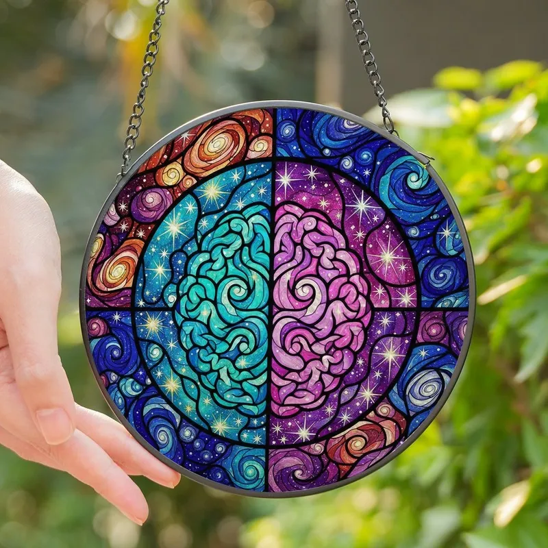Cosmic Art Lovers' Intricate Tiffany Glass Brain Nebula Mosaic Blue Purple Pink Starbursts Stained Glass Suncatcher - 1