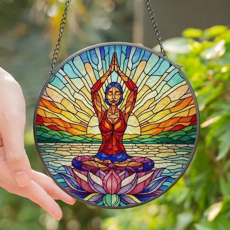 Meditative Art Lovers' Edge-to-Edge Stained Glass Tiffany Style Yoga Lotus Jewel Tone Mosaic Stained Glass Suncatcher - 1