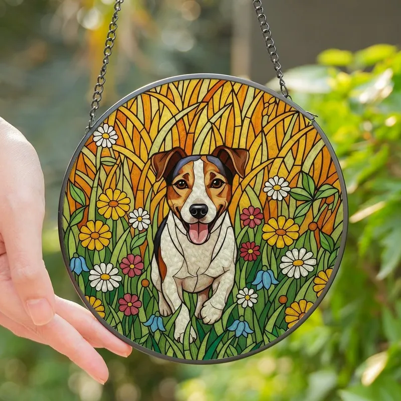 Jack Russell Terrier Owners' Vibrant Tiffany Stained Glass Jack Russell Wildflower Mosaic Art Yellow Orange Green Stained Glass Suncatcher - 1