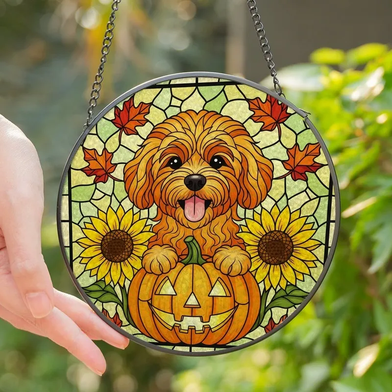 Dog Lovers' Happy Golden Dog Halloween Pumpkin Tiffany Stained Glass Autumn Mosaic Stained Glass Suncatcher - 1