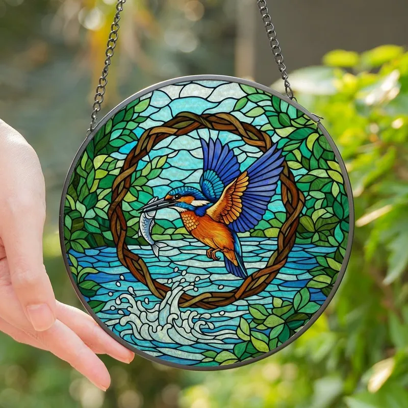 Nature Lovers' Vibrant Blue Orange Aqua Tiffany Stained Glass Kingfisher River Mosaic Stained Glass Suncatcher - 1
