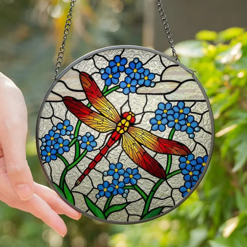 Nature Lovers' Intricate Jewel Tone Tiffany Style Red Dragonfly Blue Forget-Me-Nots Mosaic Stained Glass Suncatcher - 1