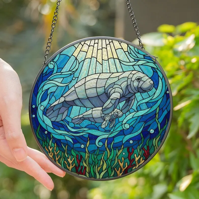 Nature Lovers' Tiffany Stained Glass Manatee Family Intricate Aqua Teal Oceanic Mosaic Stained Glass Suncatcher - 1