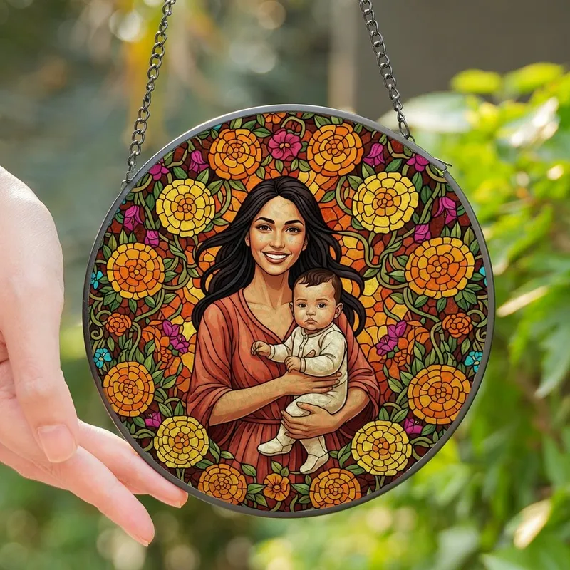 Mothers' Jewel Tone Stained Glass Mother & Child Floral Mosaic Art, Intricate Edge-to-Edge Stained Glass Suncatcher - _KtjXGOFIc