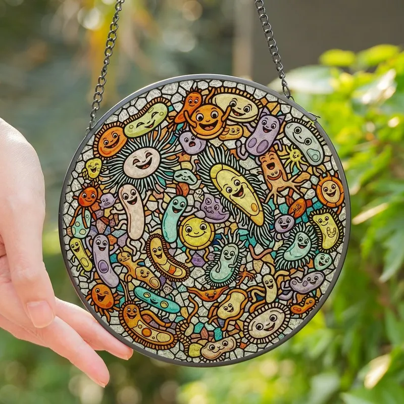 Science Enthusiasts' Whimsical Microbe Tiffany Stained Glass Yellow Lavender Teal Orange Pink Stained Glass Suncatcher - 1
