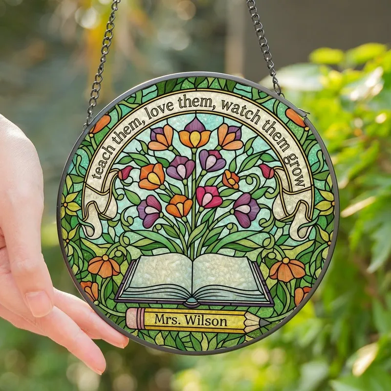 Teachers' Tiffany Style Stained Glass Book, Blooming Flowers, 'Mrs. Wilson' Pencil, Inspirational Quote, Vibrant Jewel Tones Stained Glass Suncatcher - 1