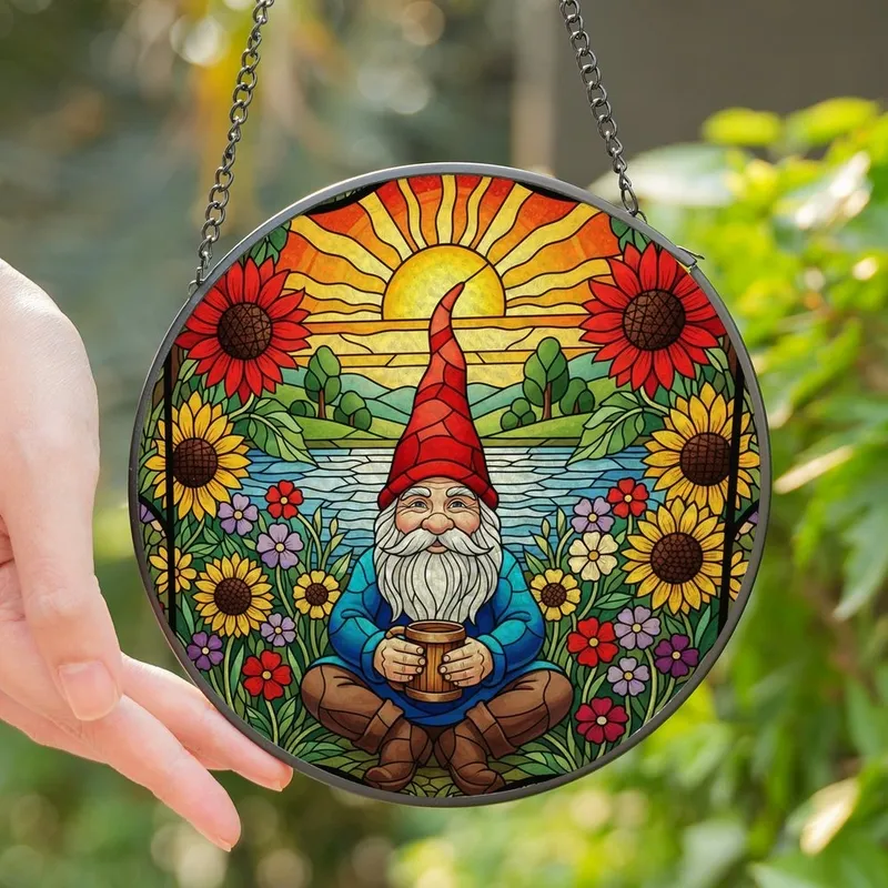 Whimsical Art Lovers' Tiffany Style Stained Glass Gnome Meadow Sunflowers Radiant Jewel Tones Stained Glass Suncatcher - 1