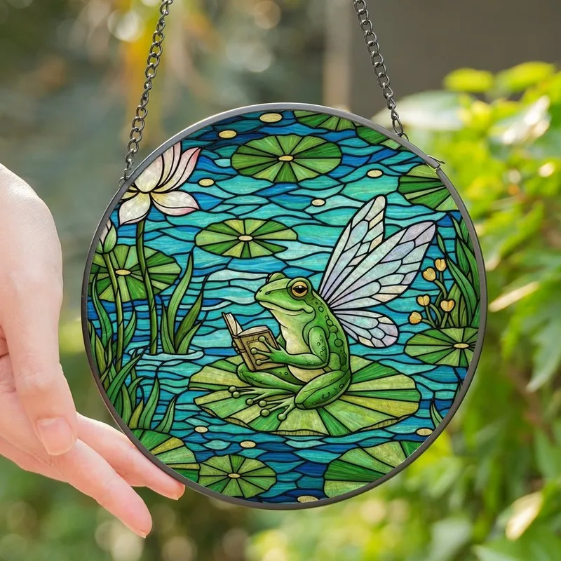 Whimsical Art Fans' Jewel Tone Stained Glass Frog Reading Fairy Wings Lotus Pond Emerald Green Pink Stained Glass Suncatcher - 1