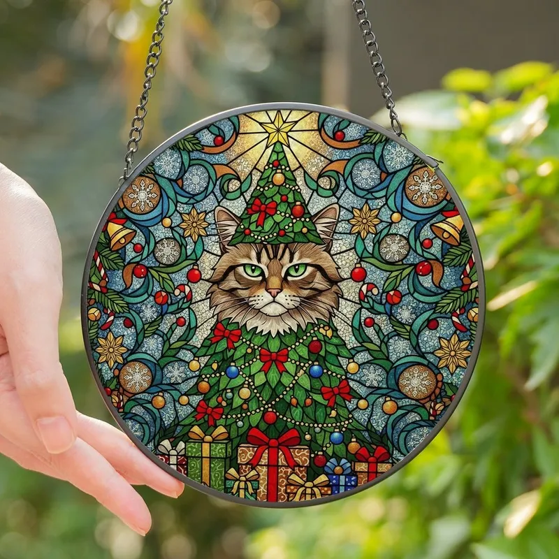 Cat Lovers' Grumpy Tabby Tiffany Stained Glass Christmas Tree Design Intricate Jewel Tone Festive Art Stained Glass Suncatcher - 1