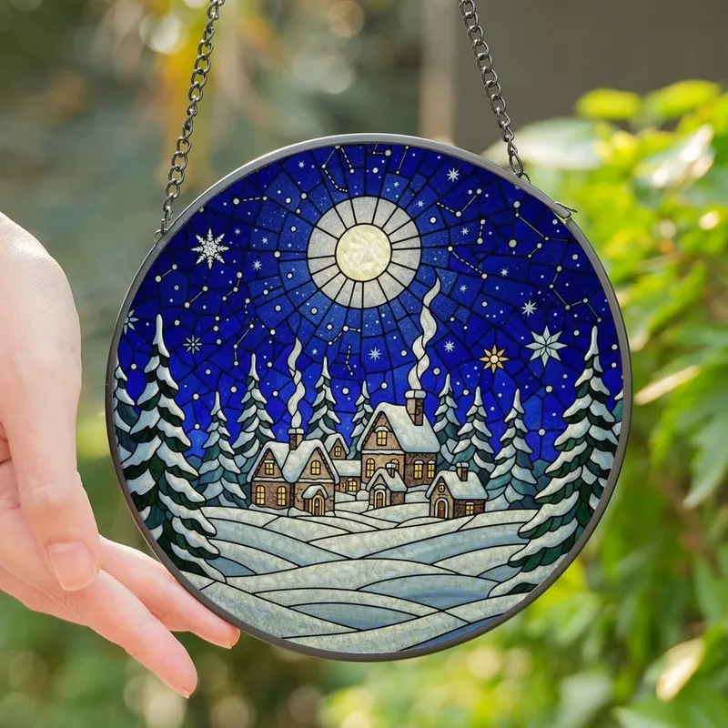 Winter Art Lovers' Glowing Tiffany Stained Glass Snowy Village Moonlit Indigo Sky Pattern Stained Glass Suncatcher - 1