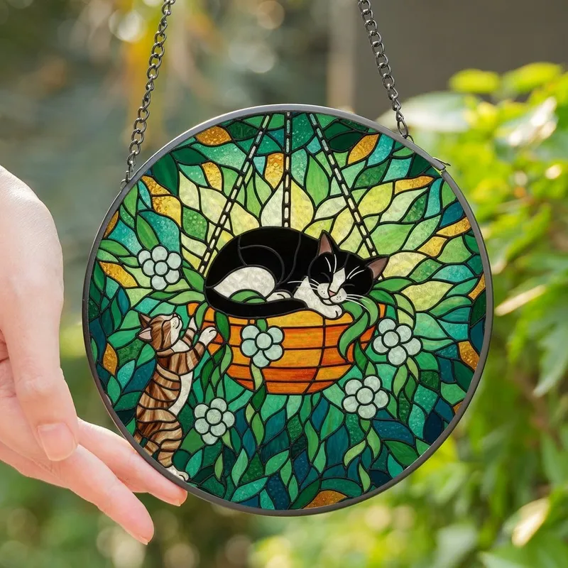 Cat Lovers' Tiffany Style Stained Glass Art, Sleeping Tuxedo & Climbing Tabby, Botanical Mosaic Stained Glass Suncatcher - 1
