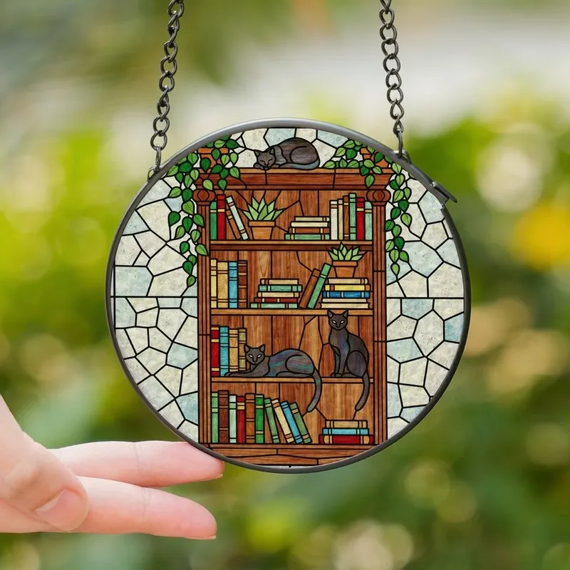 Cat & Book Lovers' Tiffany Stained Glass Bookshelf, Black Cats, Green ...