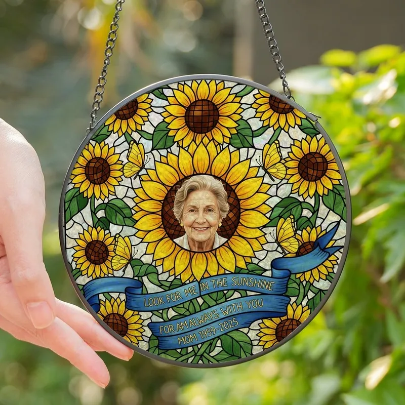 Art Lovers' Tiffany Stained Glass Smiling Portrait, Sunflower Mosaic, Butterflies & Blue Ribbon Design Stained Glass Suncatcher - 1