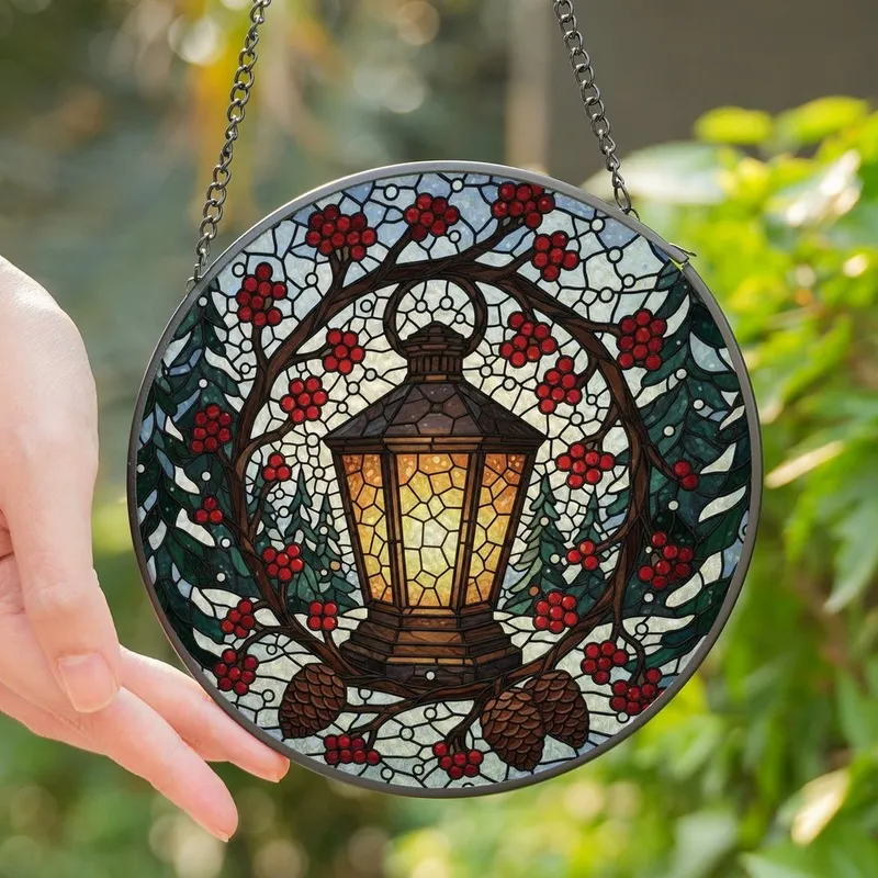 Nature & Art Lovers' Vintage Stained Glass Lantern Red Berries Pinecones Snowy Forest Art Stained Glass Suncatcher - 1