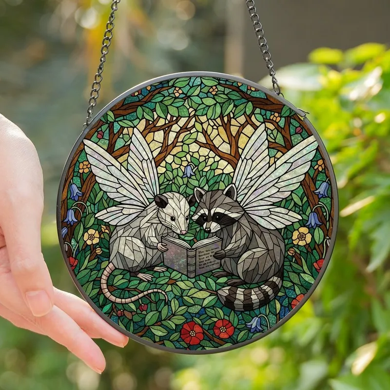 Whimsical Woodland Friends Iridescent Winged Opossum Raccoon Storybook Tiffany Stained Glass Emerald Blue Forest Mosaic Stained Glass Suncatcher - 1