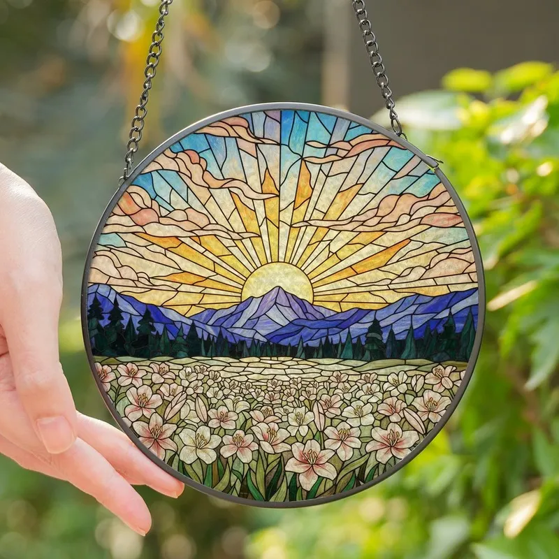 Art Lovers' Intricate Stained Glass Lilies Golden Sunset Mountain Mosaic Art Stained Glass Suncatcher - 28ejftgTkM