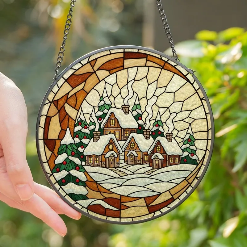 Winter Enthusiasts' Intricate Stained Glass Winter Village Crescent Moon Amber Emerald Ruby Design Stained Glass Suncatcher - 1