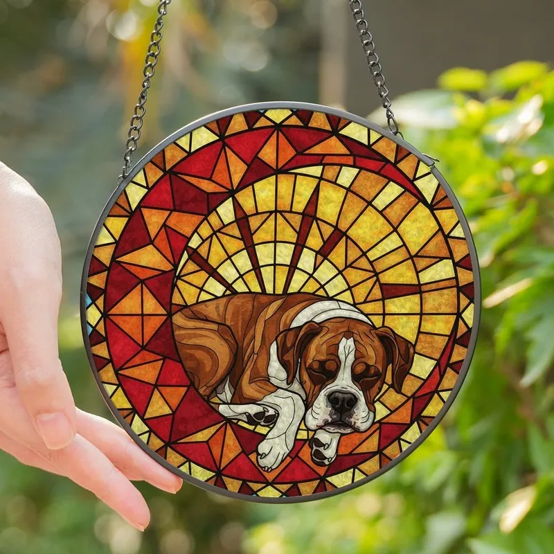 Dog Lovers' Detailed Tiffany Style Stained Glass Boxer Dog Crescent Moon Geometric Jewel Tone Pattern Stained Glass Suncatcher - 1