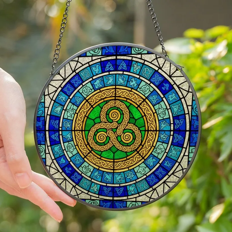 Celtic Art Lovers' Intricate Tiffany Style Stained Glass Triquetra Knot Emerald Gold Jewel Tones Mosaic Pattern Stained Glass Suncatcher - 1
