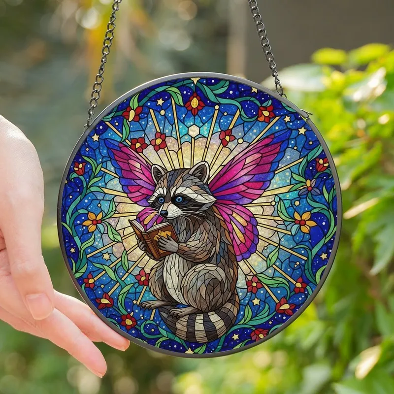 Whimsical Art Lovers' Vibrant Tiffany Stained Glass Raccoon Butterfly Reading Celestial Floral Pattern Stained Glass Suncatcher - 1