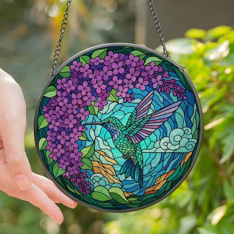 Nature Lovers' Edge-to-Edge Stained Glass Hummingbird Lilac Floral Jewel Tone Art Stained Glass Suncatcher - 1