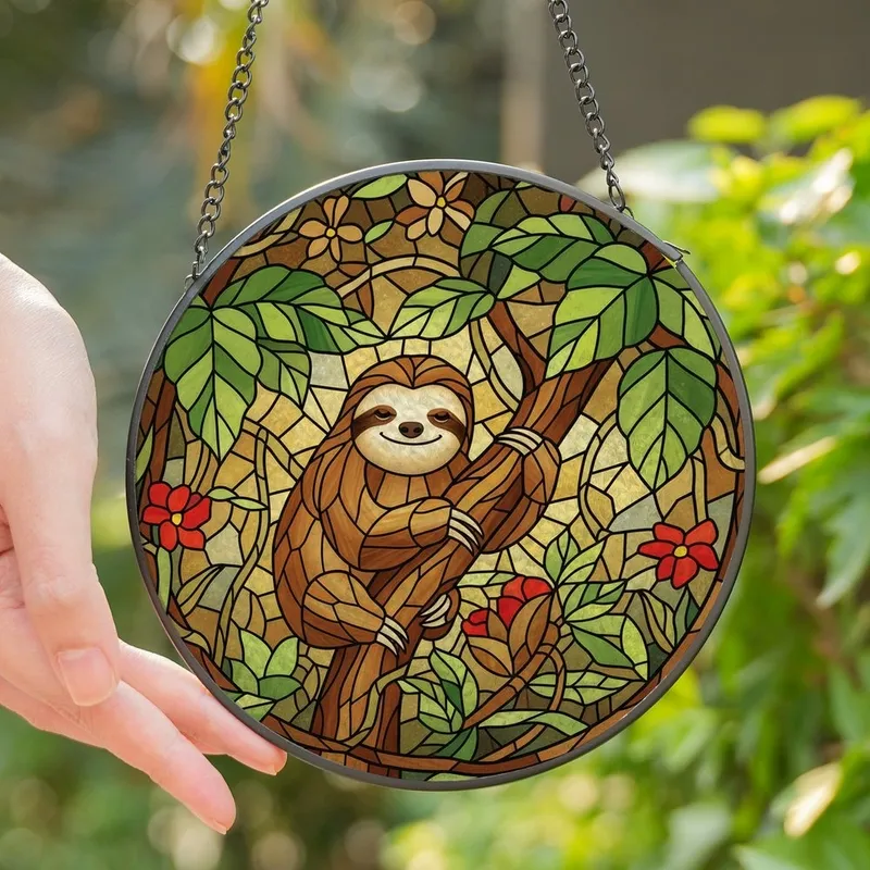 Nature Lovers' Smiling Sloth Stained Glass Amber Green Red Blue Tropical Mosaic Stained Glass Suncatcher - X6BuGAbAaX