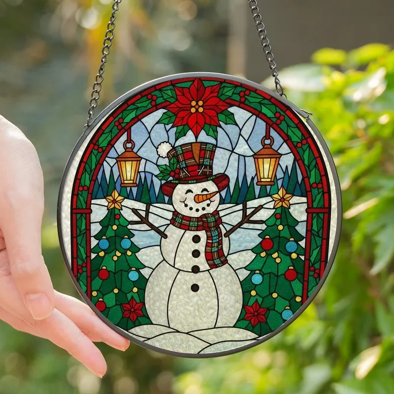 Holiday Art Lovers' Stained Glass Snowman Plaid Hat Emerald Red Jewel Tone Winter Mosaic Stained Glass Suncatcher - 1