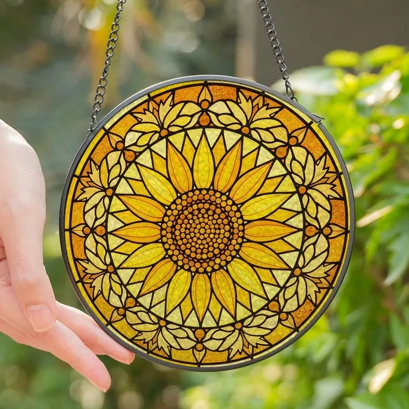 Nature Lovers' Intricate Stained Glass Sunflower, Tiffany Style Golden Amber Orange Mosaic Filigree Stained Glass Suncatcher - 1