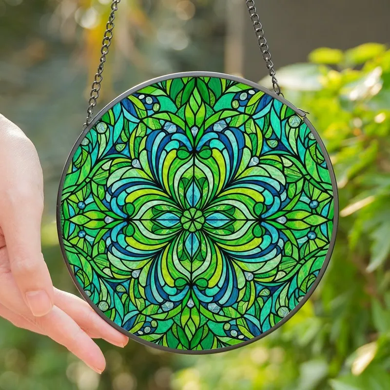 Stained Glass Enthusiasts' Glowing Emerald Teal Aqua Four-Leaf Clover Mosaic Jewel Design Stained Glass Suncatcher - 1