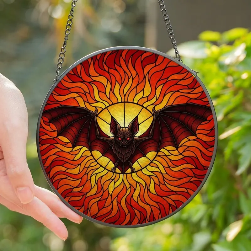 Gothic Fantasy Enthusiasts' Intricate Stained Glass Menacing Bat Fiery Orange Red Design Stained Glass Suncatcher - 1