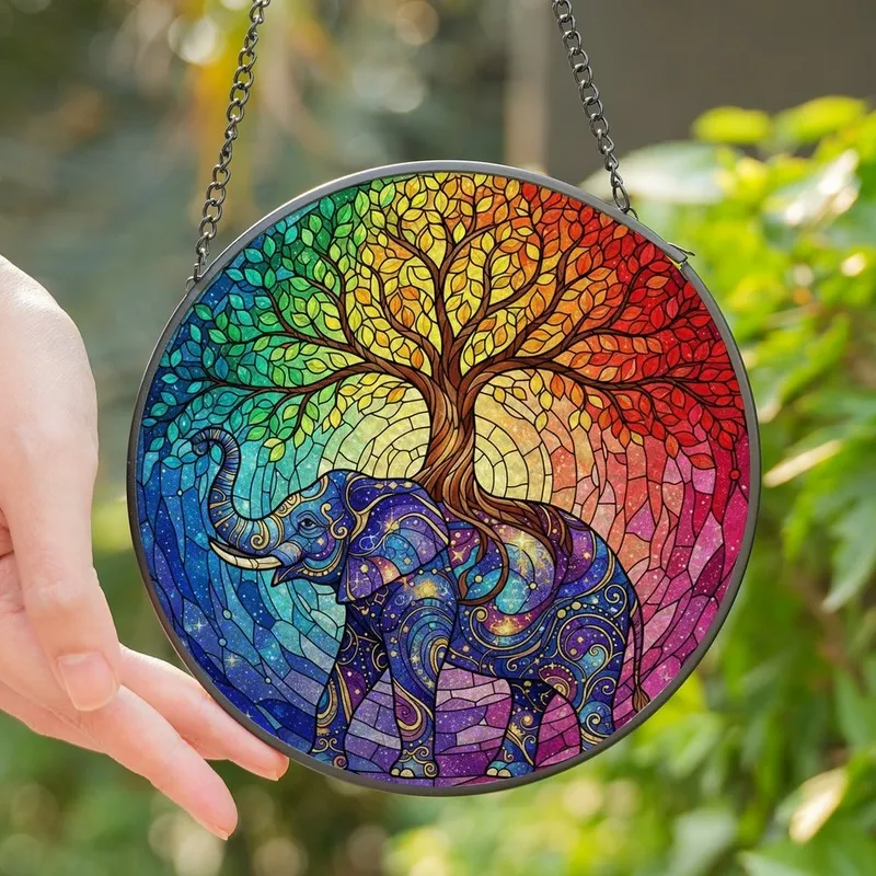 Nature & Art Lovers' Vibrant Stained Glass Elephant Tree of Life Cosmic Jewel Tone Galaxy Pattern Stained Glass Suncatcher - 1