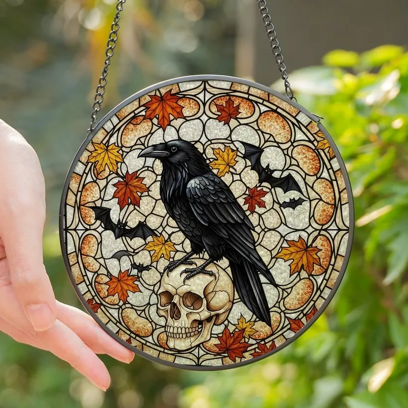 Autumn Aesthetic Lovers' Intricate Tiffany Glass Raven Skull Autumn Leaves Bat Mosaic Black Orange Red Clear Gray Stained Glass Suncatcher - 1