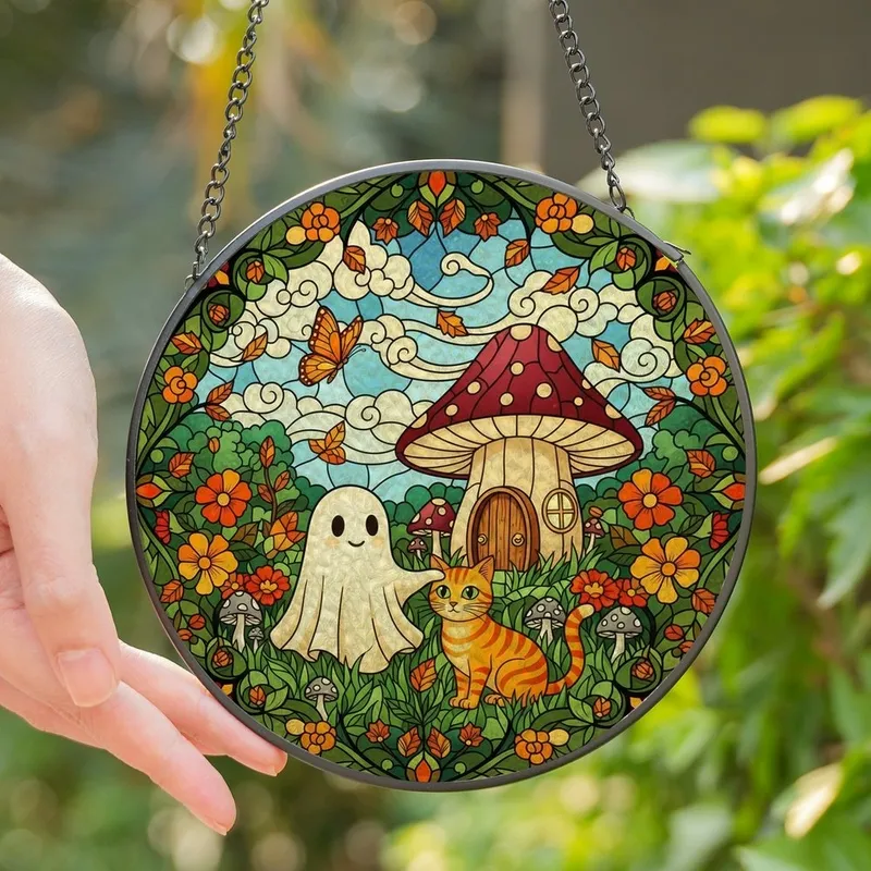 Whimsical Art Lovers' Tiffany Stained Glass Ghost Cat Mushroom Orange Green Landscape Stained Glass Suncatcher - 1