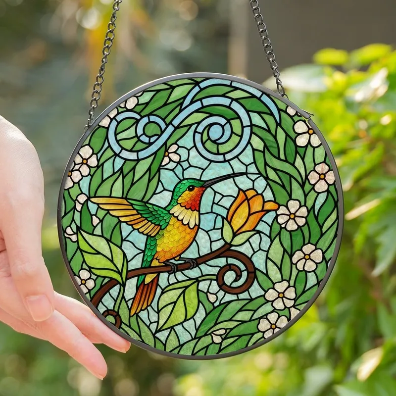 Art Lovers' Tiffany Stained Glass Emerald Hummingbird Golden Floral Mosaic Pattern Stained Glass Suncatcher - 1