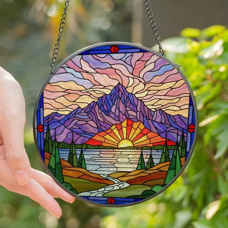 Nature Lovers' Vibrant Stained Glass Mountain Lake Sunset Jewel Tone Mosaic Landscape Stained Glass Suncatcher - 9VVLpY7U26