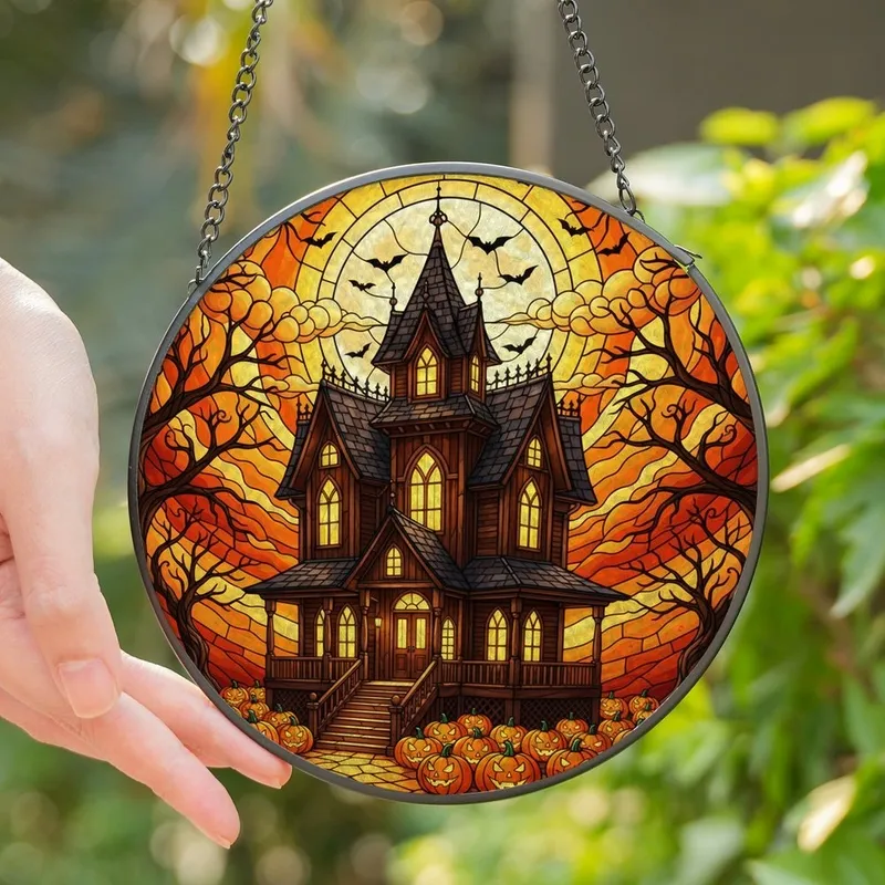 Halloween Enthusiasts' Vibrant Edge-to-Edge Stained Glass Gothic Haunted House Jack-o'-Lanterns Stained Glass Suncatcher - 1