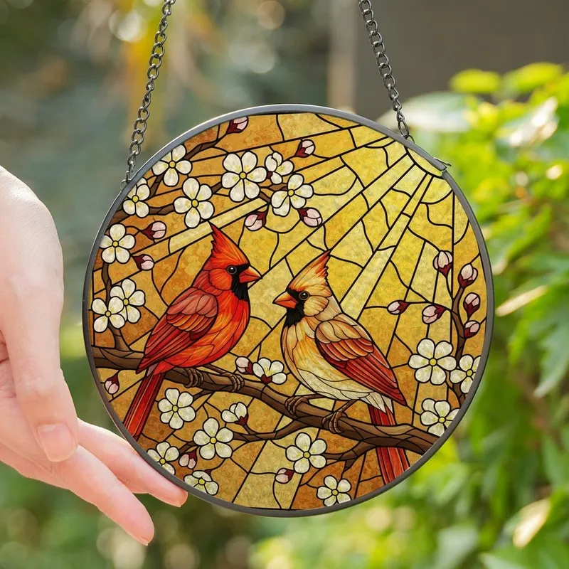 Nature Lovers' Tiffany Style Stained Glass Cardinal Pair Red Amber Cherry Blossom Mosaic Stained Glass Suncatcher - ru9VDVxbk6