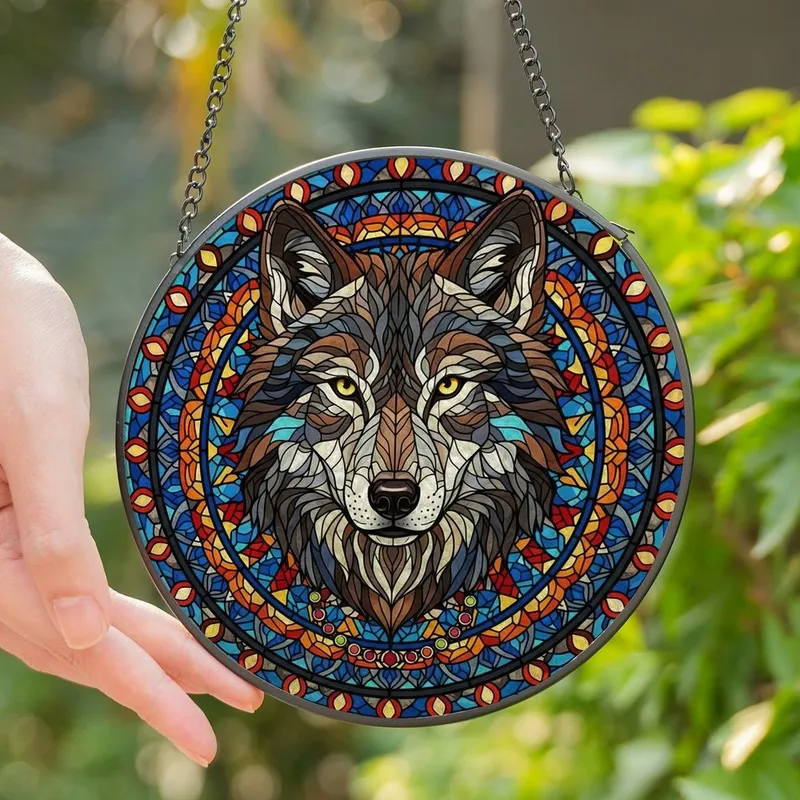 Wildlife Enthusiasts Majestic Stained Glass Wolf Mosaic Edge-to-Edge Geometric Tribal Jewel Tones Stained Glass Suncatcher - 1