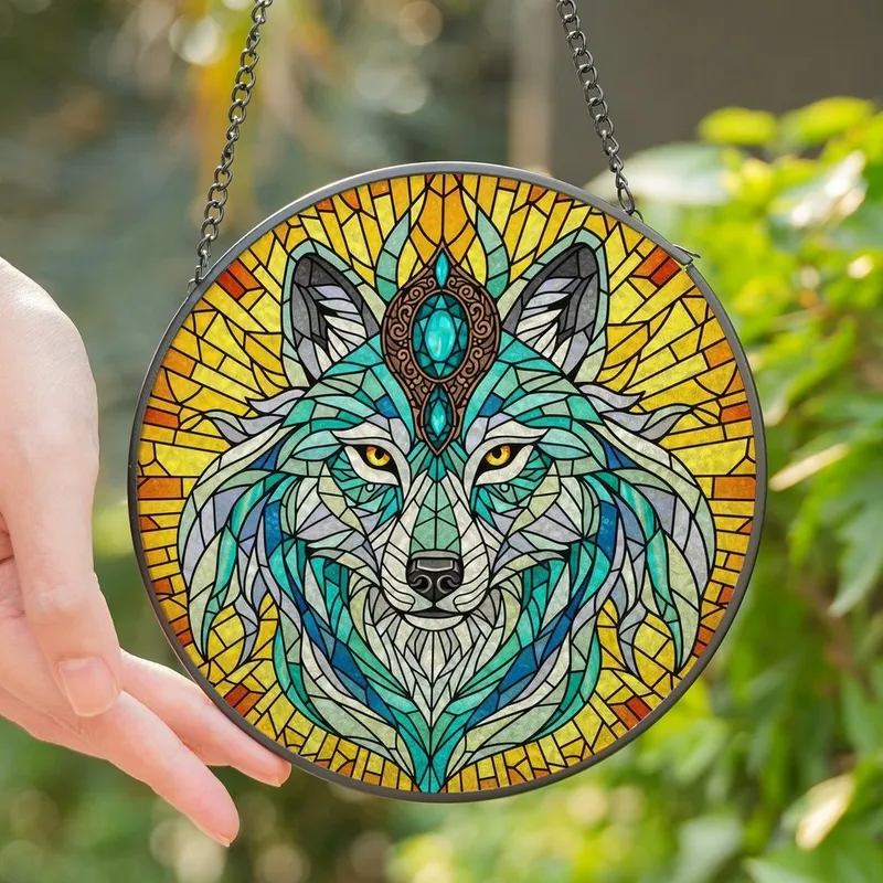 Wildlife Art Lovers' Stained Glass Wolf Head Mosaic Teal Gold Orange Intricate Mandala Stained Glass Suncatcher - 1