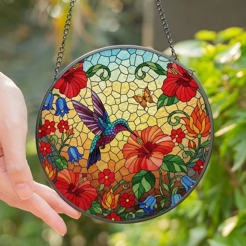 Nature Lovers' Vibrant Tiffany Stained Glass Hummingbird Hibiscus Garden Blue Red Orange Mosaic Stained Glass Suncatcher - 1