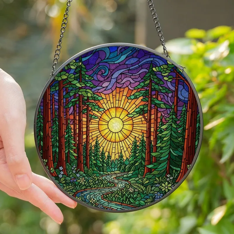 Nature Art Lovers' Radiant Yellow-Orange Sun Stained Glass Redwood Forest Mosaic with Jewel Tones Stained Glass Suncatcher - 1