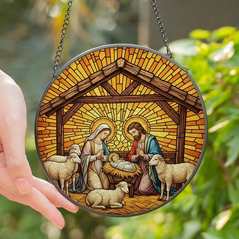 Holiday Reverence Art Lovers' Intricate Stained Glass Nativity, Mary Joseph Jesus, Golden Orange Glow Stained Glass Suncatcher - 1