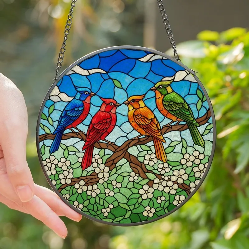 Nature Lovers' Vibrant Jewel Tone Stained Glass Birds & Floral Mosaic Stained Glass Suncatcher - Jh7xq8OKSi