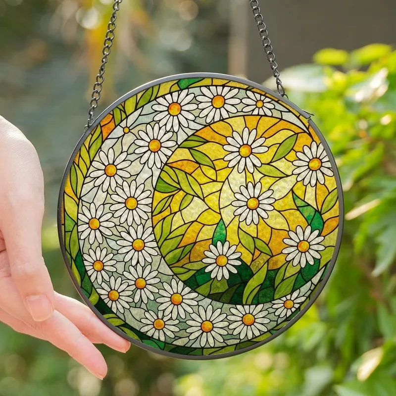 Nature Lovers' Densely Detailed Stained Glass Crescent Moon Daisy Floral Emerald Green Orange Mosaic Stained Glass Suncatcher - 1