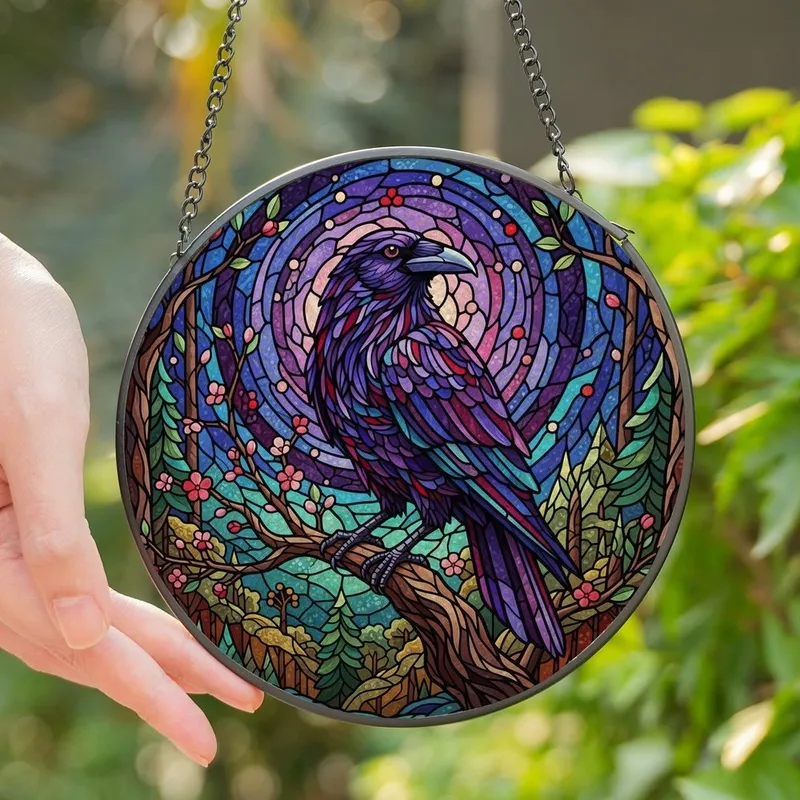 Art Lovers' Majestic Stained Glass Raven Mosaic Jewel Tone Twilight Sky Pattern Stained Glass Suncatcher - 1