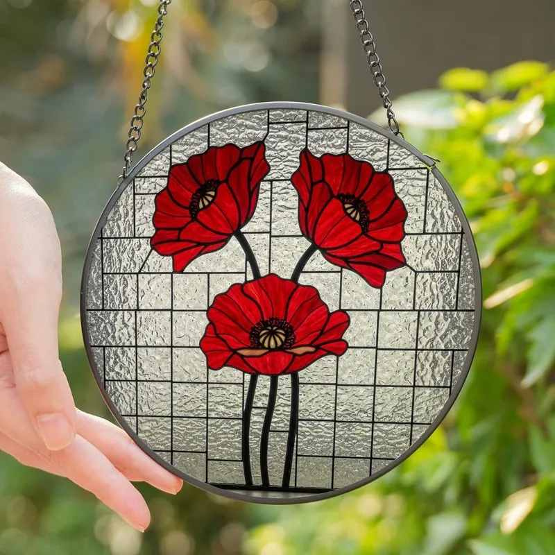 Art Lovers' Edge-to-Edge Vibrant Red Poppy Stained Glass Floral Mosaic with Rippled Clear Glass Stained Glass Suncatcher - pczyZfBgL3
